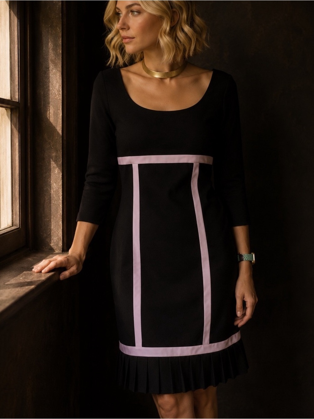 Vintage 1990’s Robbie Bee Black Purple Bow Ruffle Trim  Midi Dress Size 8P
